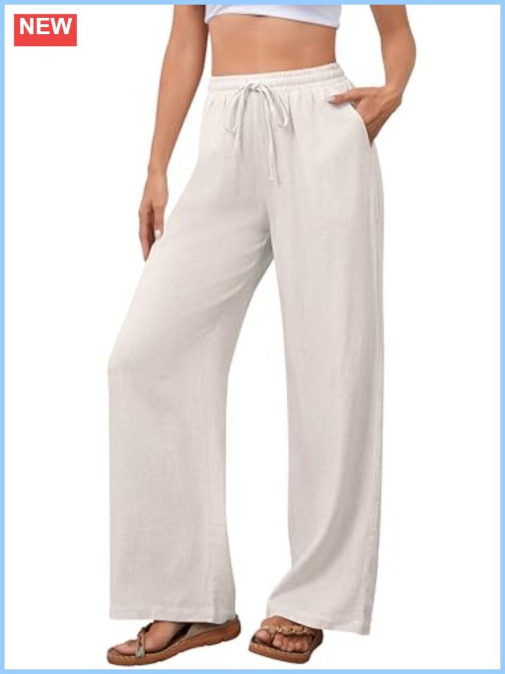 Cotton Linen Casual Palazzo Pants Drawstring Elastic Waist Flowy Wide Leg